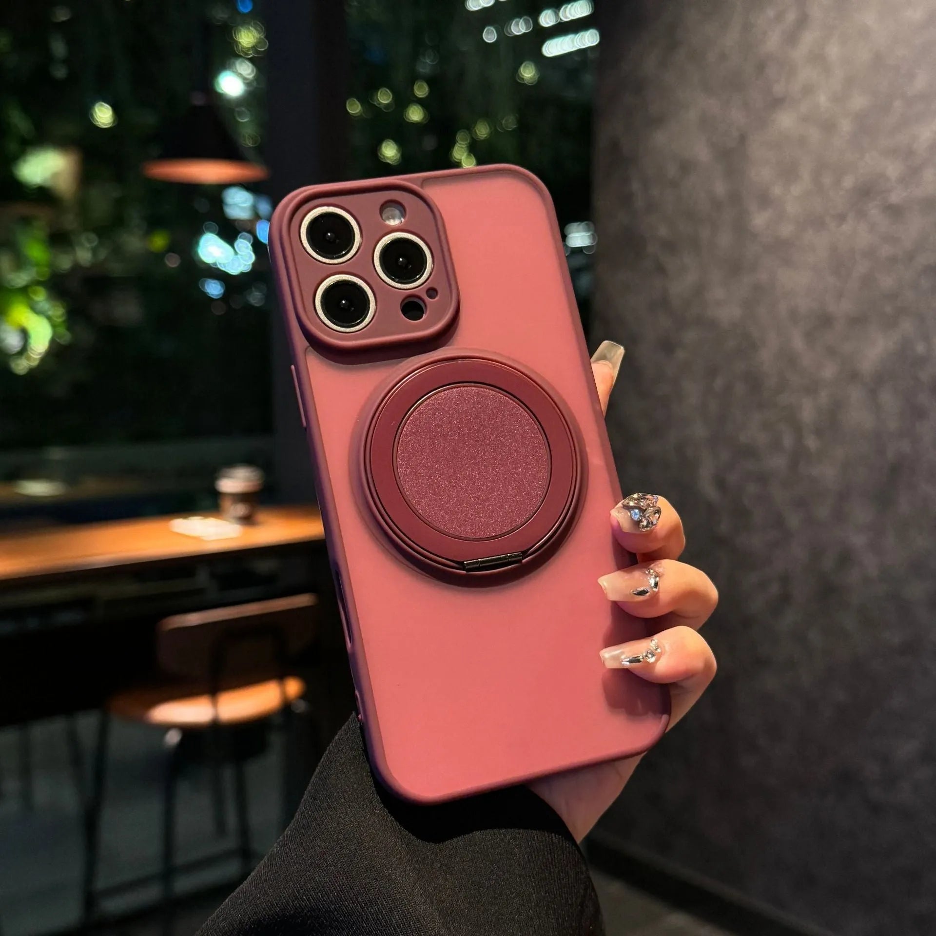Frosted magnetic rotating bracket phone case for iPhone 17 in multiple colour options showing bracket extended