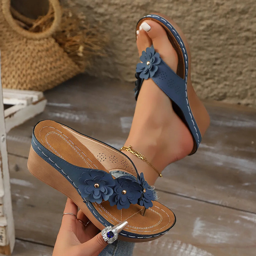Flower stitching wedge sandals for women, round toe, silver colour, PU upper, casual slip-on design