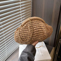 Women's straw beach shoulder bag in khaki colour with chain accent detail