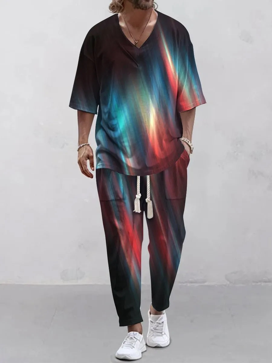 Cropped sleeves V-neck trousers suit in thin polyester fabric with matching top and pants