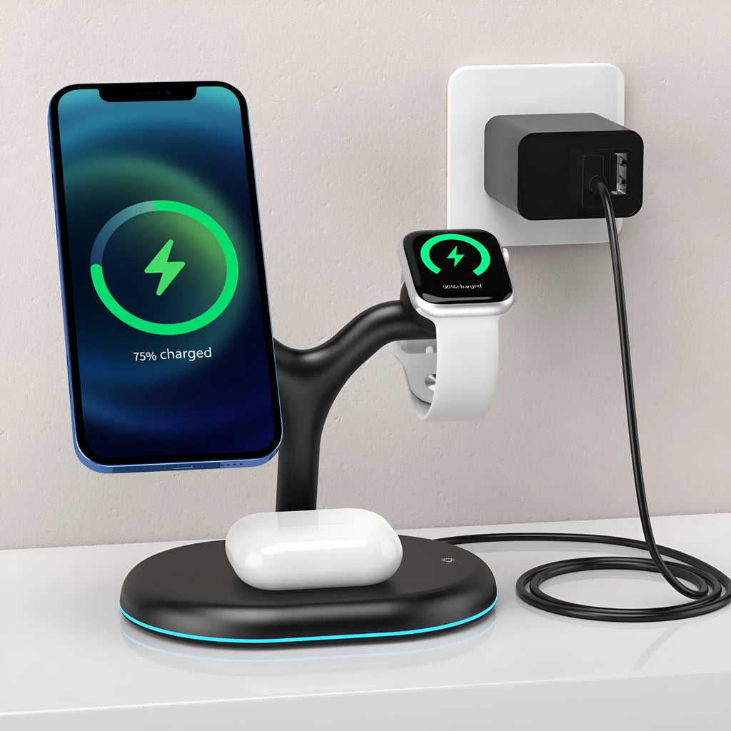 Black three-in-one magnetic wireless charger for iPhone and AirPods showing charging pad and magnetic ring.