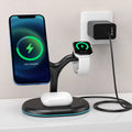 Black three-in-one magnetic wireless charger for iPhone and AirPods showing charging pad and magnetic ring.