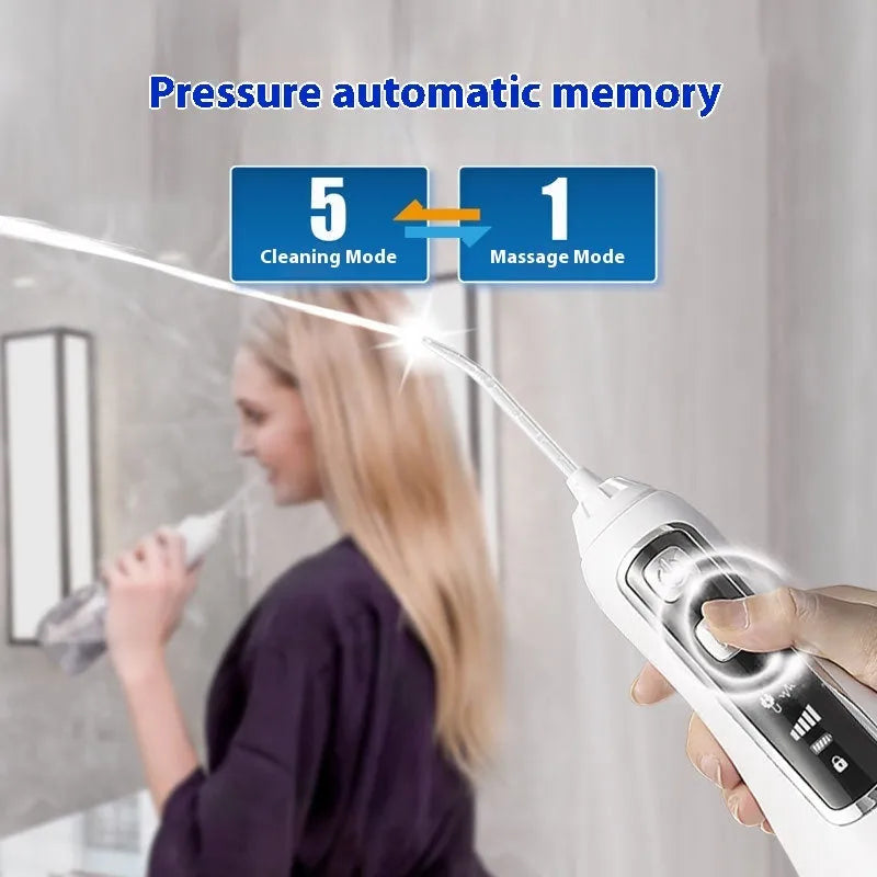 V580 portable electric water toothpick dental irrigator in white, black, blue, and purple colours