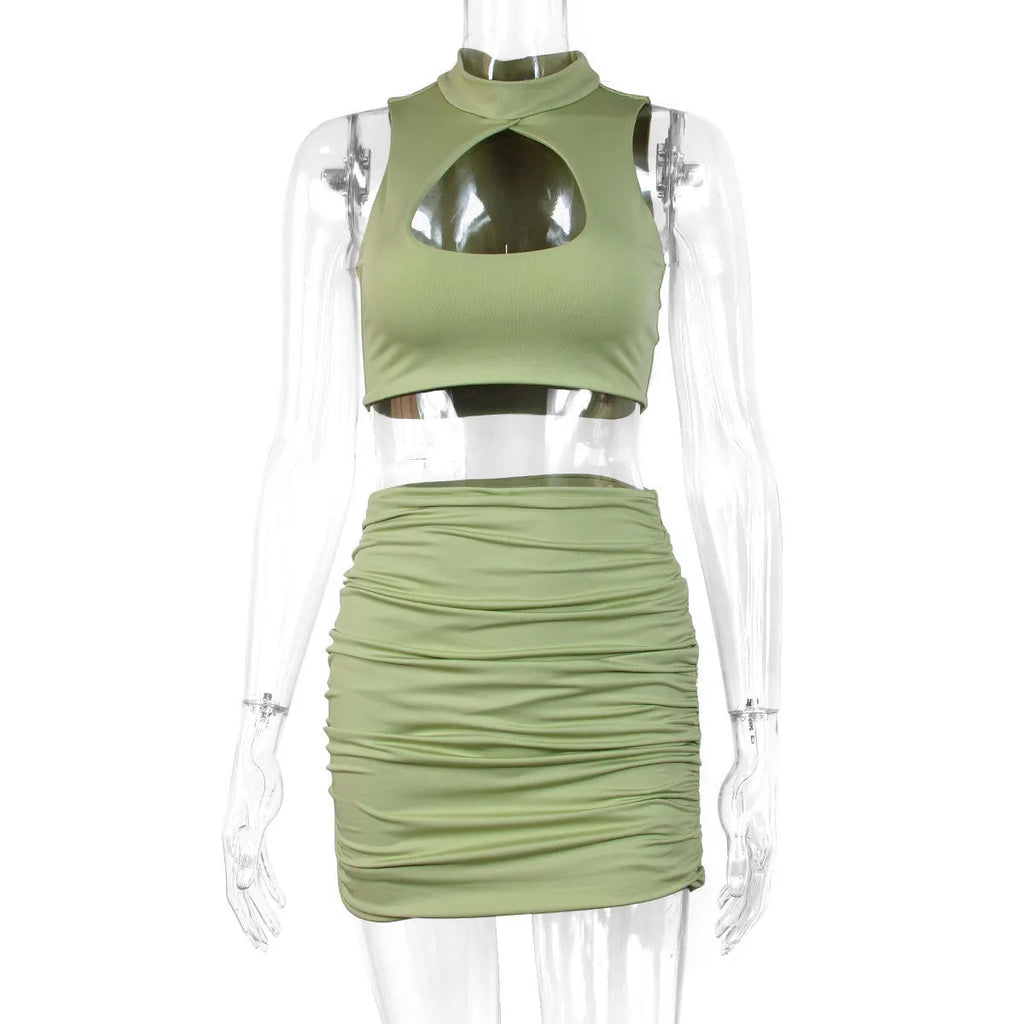 Women's light purple hollow-out vest and split skirt two-piece set in elastic polyester fabric