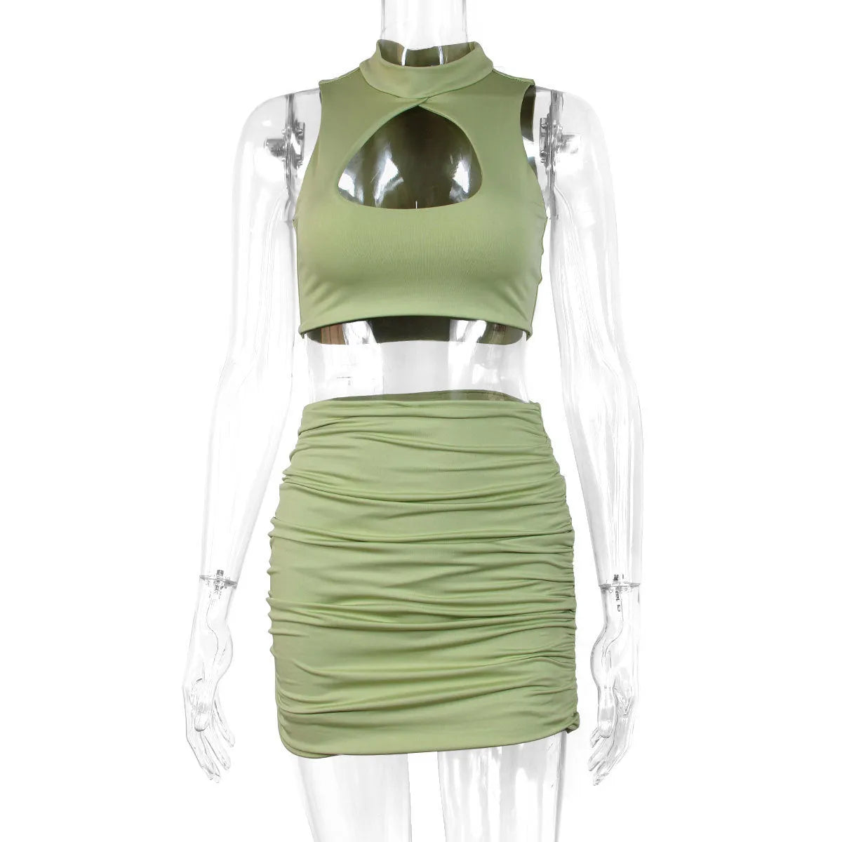 Women's light purple hollow-out vest and split skirt two-piece set in elastic polyester fabric