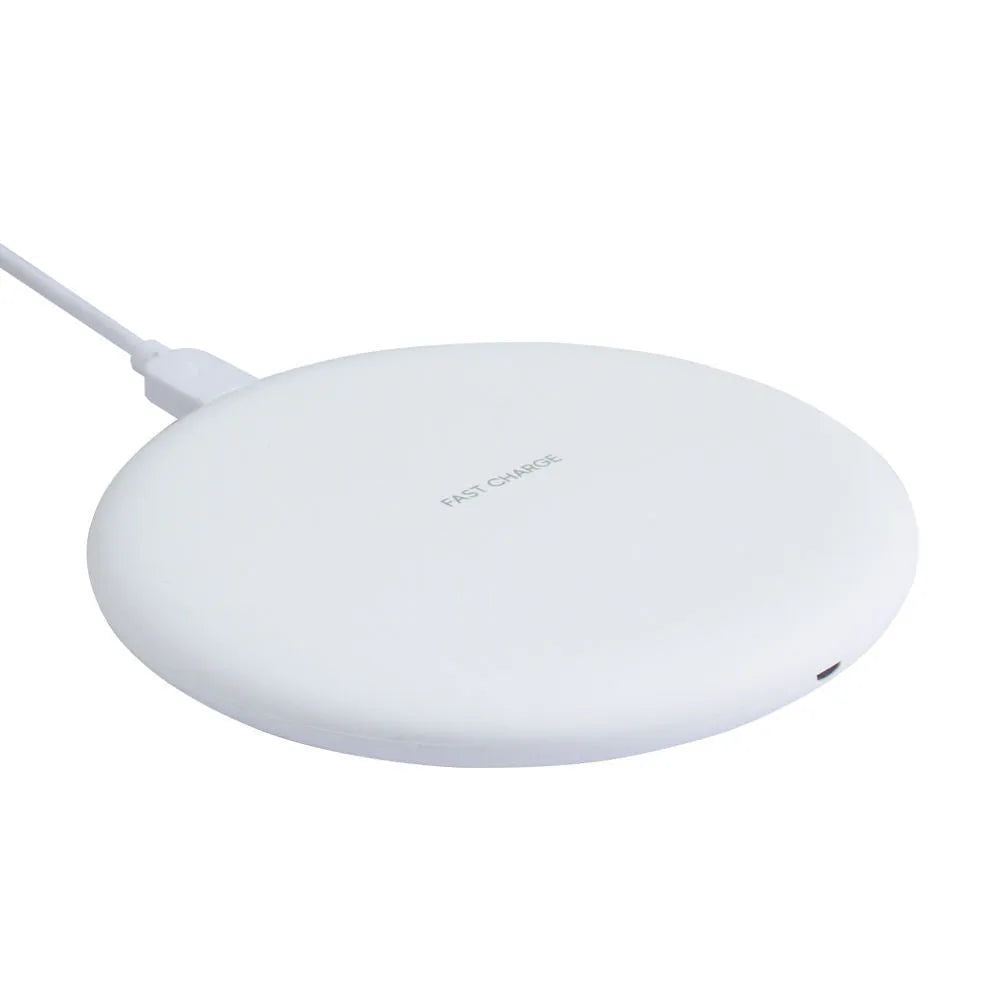 Qi certified 10W wireless charger pad in black rubber oil shell with Micro USB port and indicator light