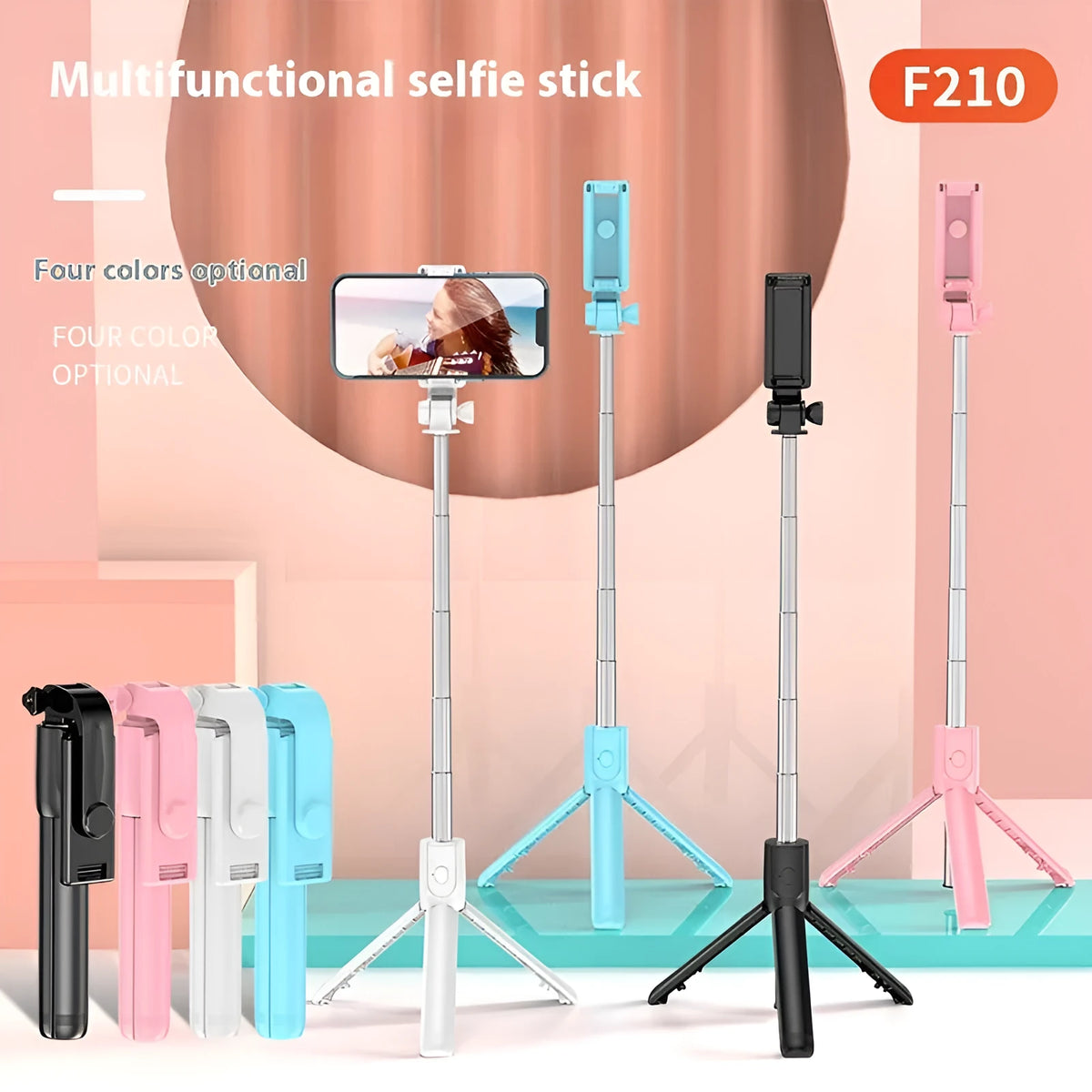 Bluetooth selfie stick tripod with built-in light, 70cm extendable arm, and universal phone holder in Black