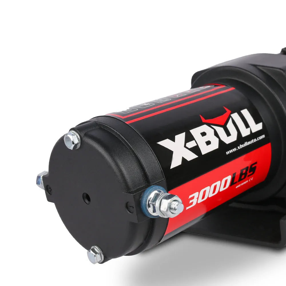 Black electric winch with nylon rope on off-road vehicle for self-rescue