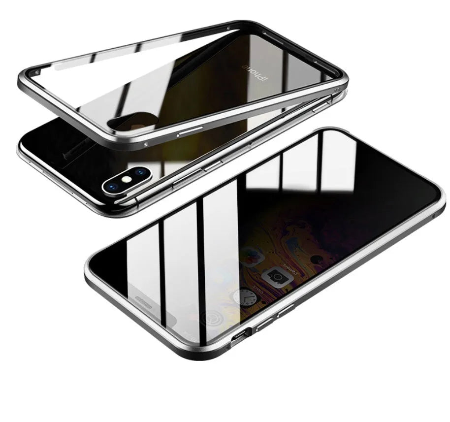 Glass anti-spy clamshell phone case for iPhone in six colour options: black, silver, red, gold, green, blue.