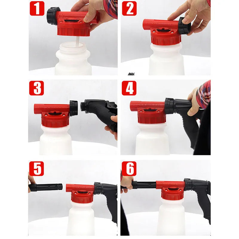 Green handheld foam pot high pressure water gun garden sprayer on a white background.