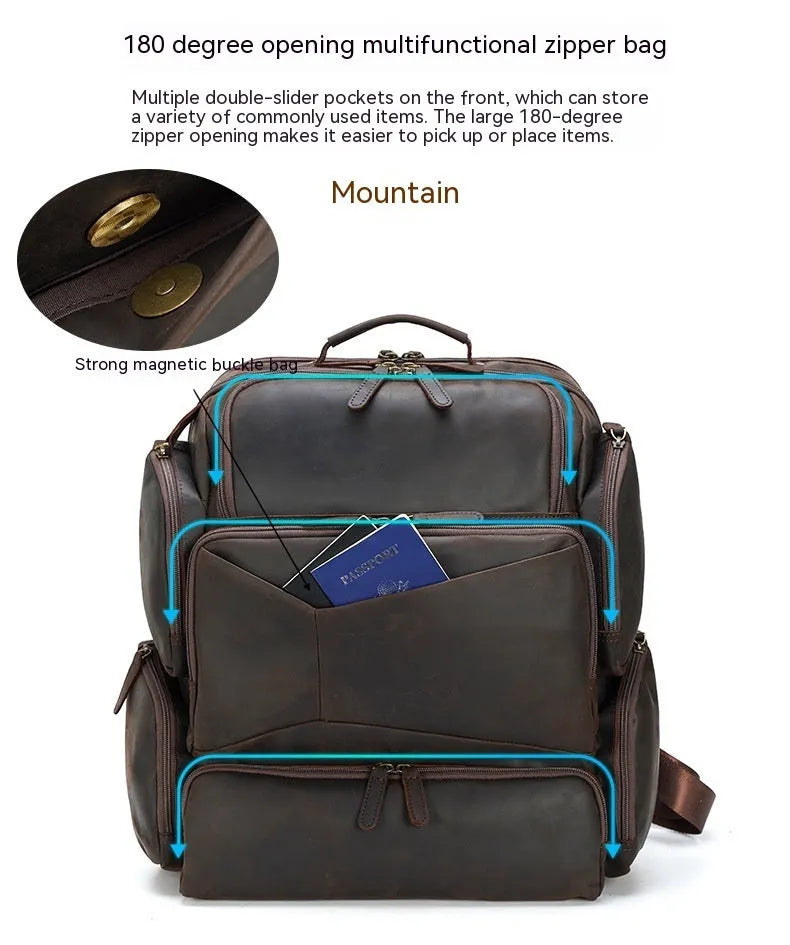 Dark brown leather backpack for men with 17-inch laptop compartment and multiple internal organisers