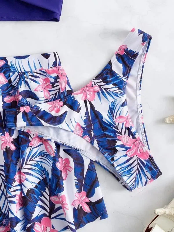 Women's high waist three-piece split bikini swimsuit set in polyester on a mannequin.
