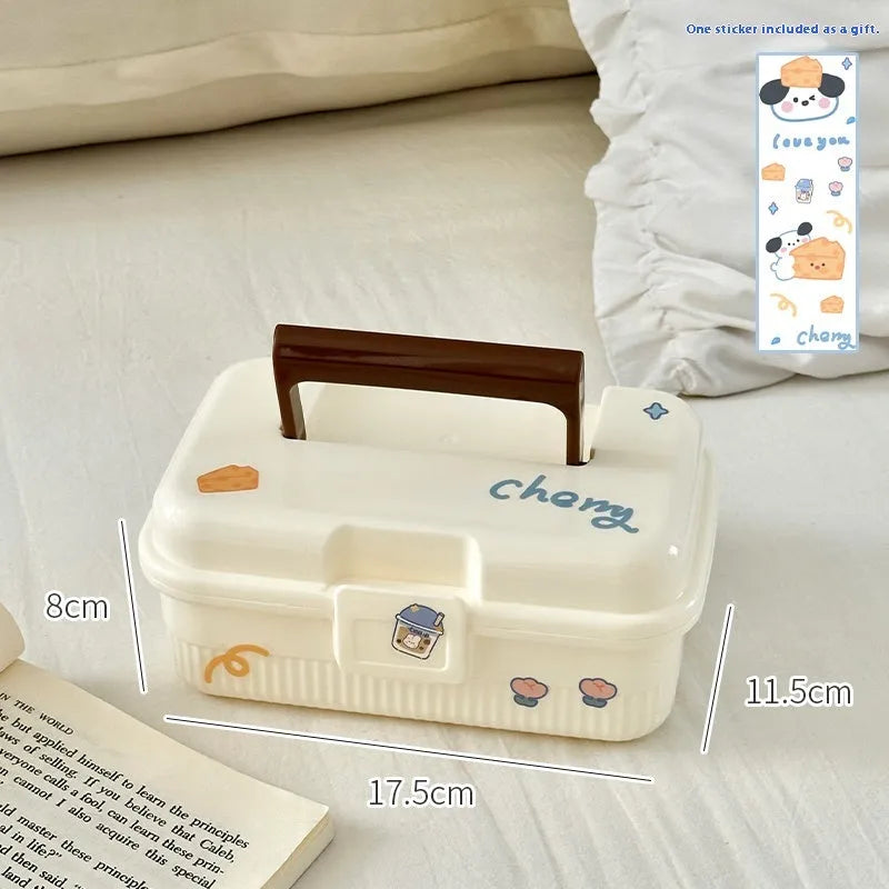 Double-layer plastic storage box with handle showing capacity and included size stickers