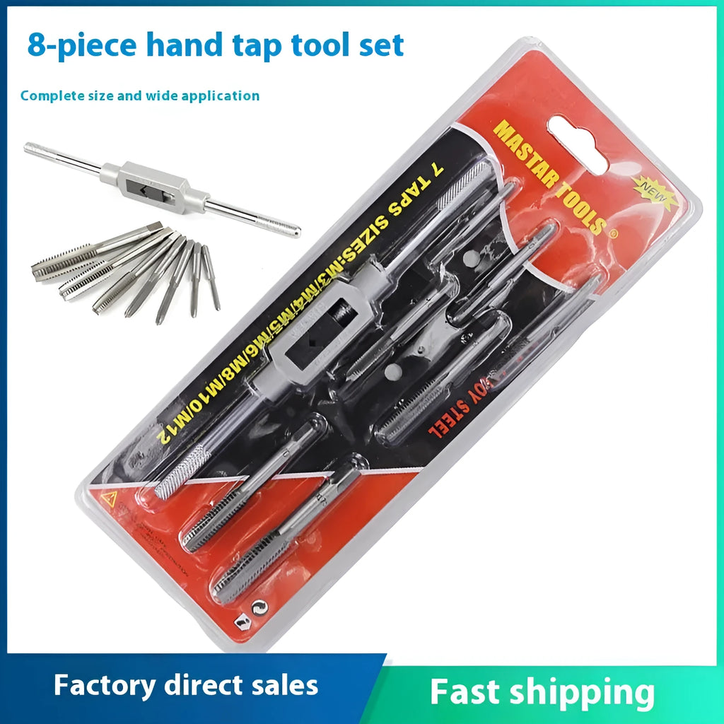 8-piece metric hand tap set M3 to M12 with hinge handle in plastic storage case