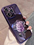Dark purple TPU iPhone case with fairy rose pattern and integrated sparkling pink camera lens protector film