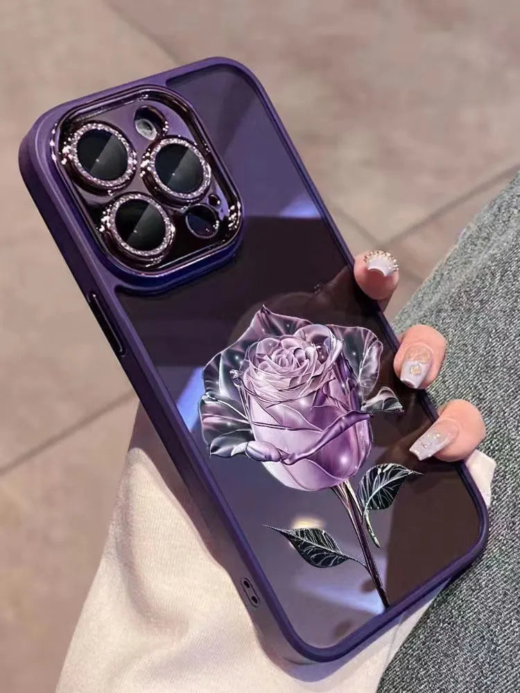 Dark purple TPU iPhone case with fairy rose pattern and integrated sparkling pink camera lens protector film