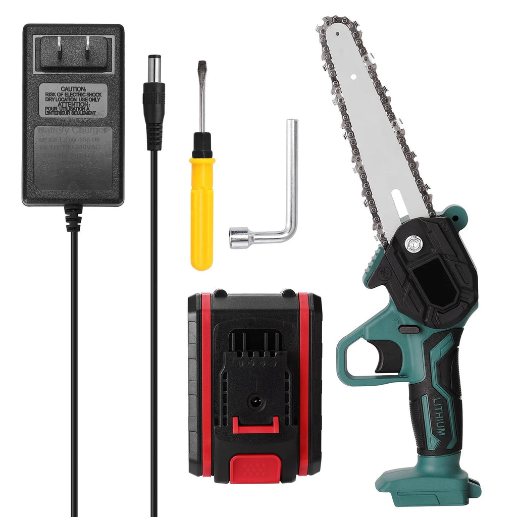 Black mini electric chainsaw with 4-inch guide bar held in one hand