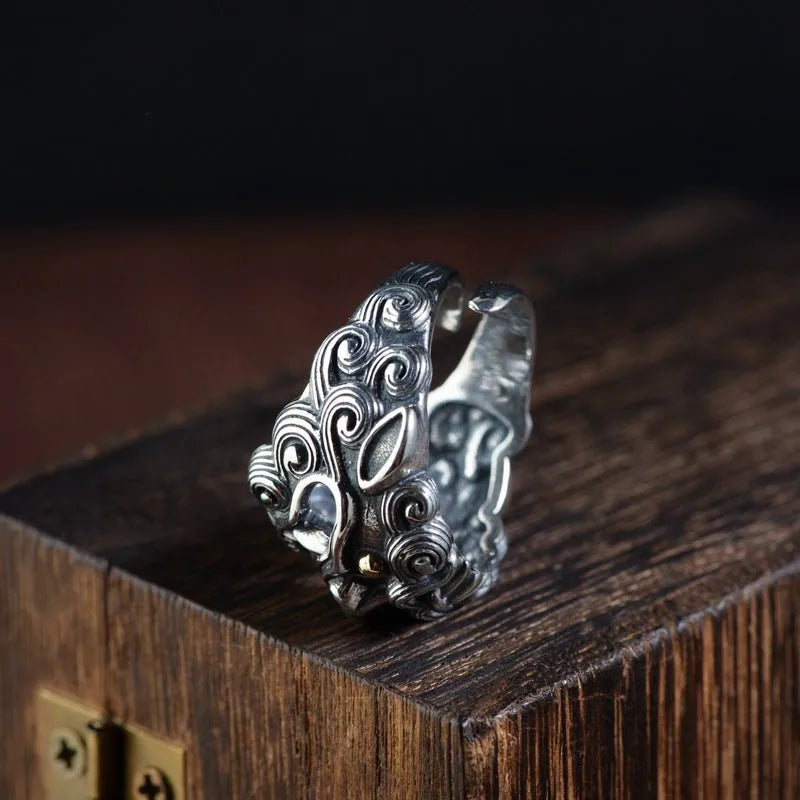 Silver open ring with detailed Jibeast animal zodiac modelling and adjustable design