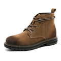 Mens outdoor short boots with low heel, lace-up front, round toe, rubber sole, available in coffee and khaki, sizes 38-44