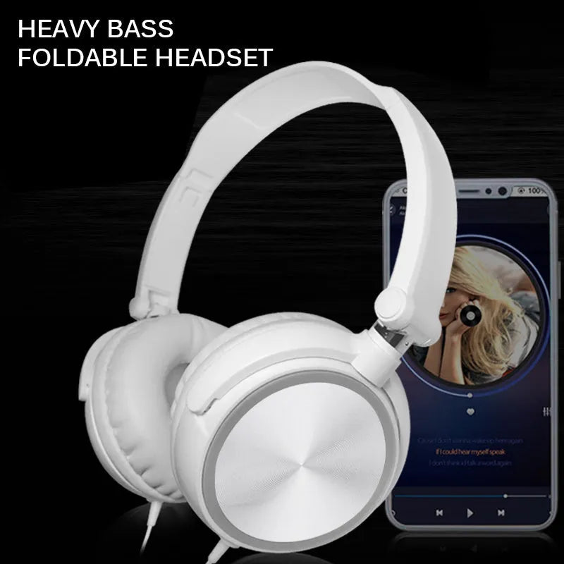 Black folding wired over-ear headphones with adjustable headband and 3.5mm plug.
