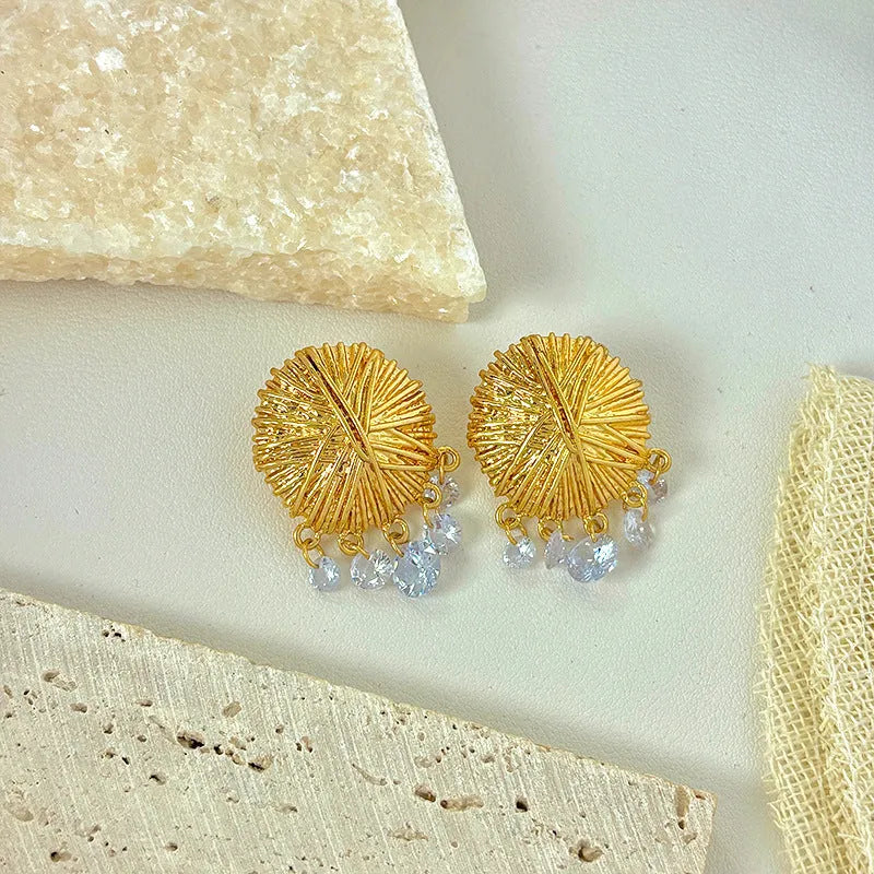 Gold geometric earrings with round design elements in European American ins style
