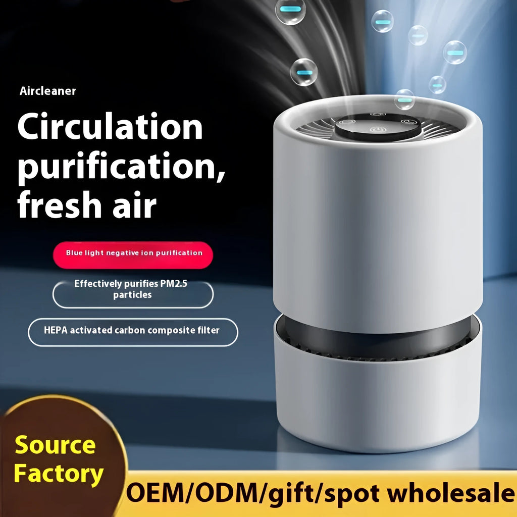 White desktop air purifier with USB cable for small room formaldehyde and odour removal