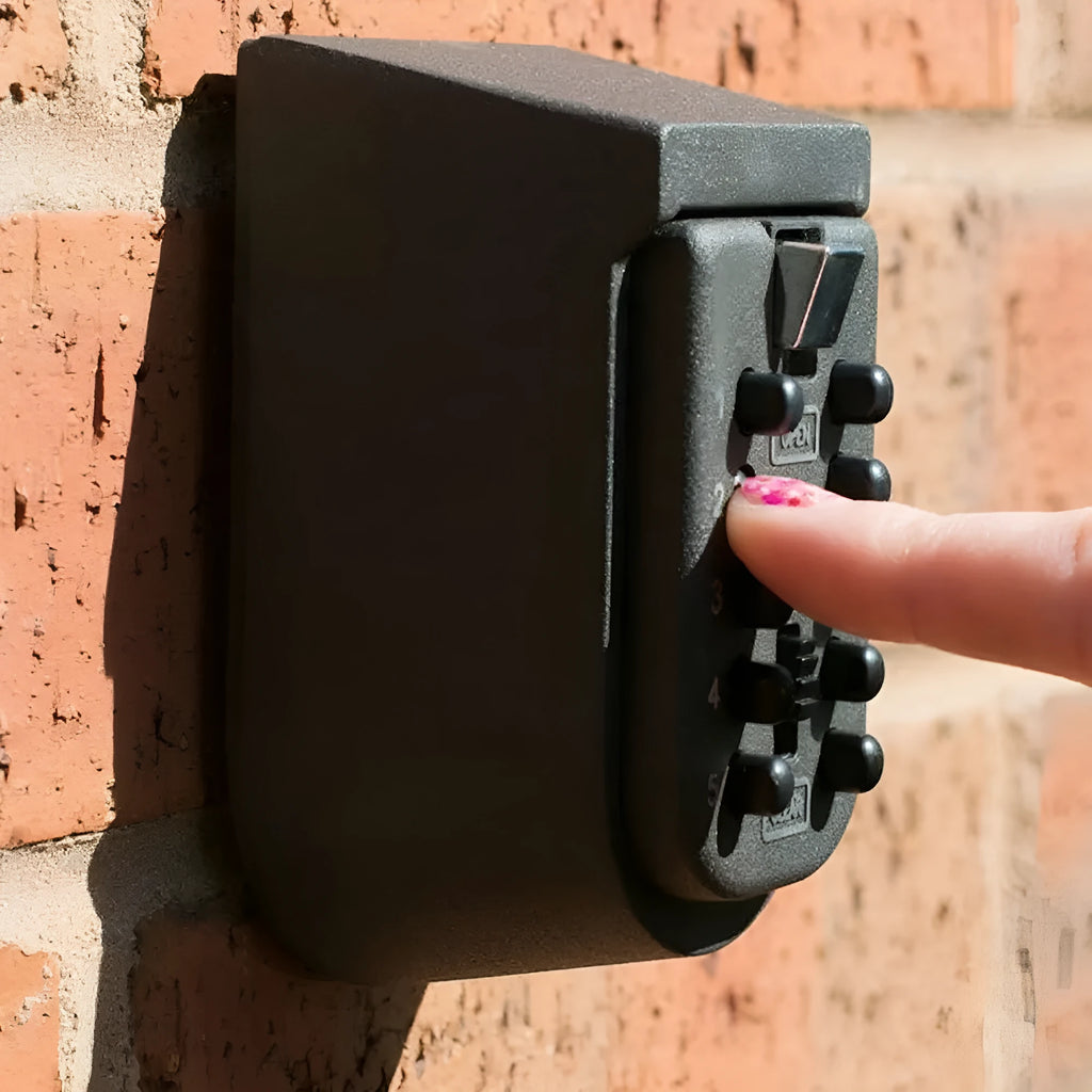 Aluminium alloy password key box mounted on an outdoor brick wall for secure storage.