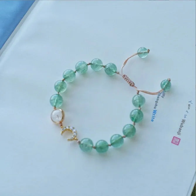 Handcrafted crystal bracelet with Hetian jade, peach blossom stone and strawberry quartz beads in natural design