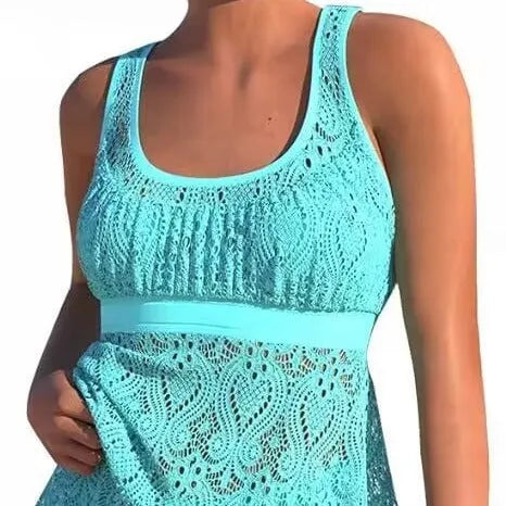 Women's conservative hollow design two-piece swimwear set in solid colour with sleeveless top and briefs bottom