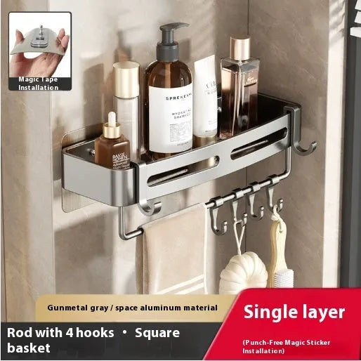 Gun grey punch-free wall-mounted bathroom corner storage rack with fan-shaped design