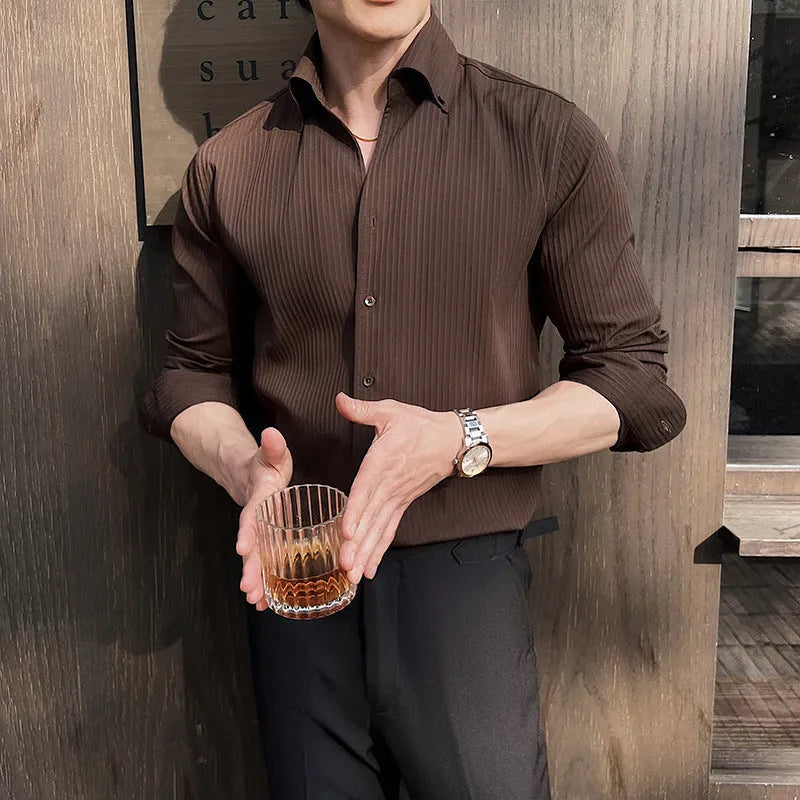 Men's dark stripes V-neck long sleeve cardigan shirt in chemical fibre blend fabric