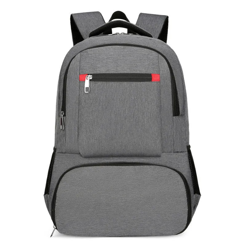 Oxford cloth insulated backpack with curved shoulder straps shown in light grey colour with dry-wet separation compartments visible