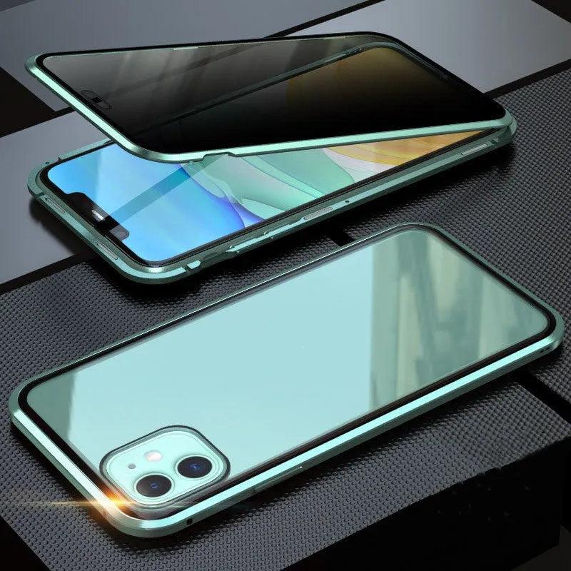 Black double-sided glass magnetic clamshell iPhone case showing front and back tempered glass protection