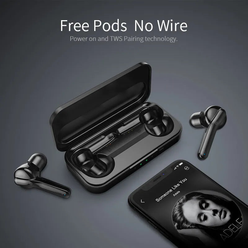 Black and white true wireless Bluetooth earbuds with IPX5 waterproof rating.