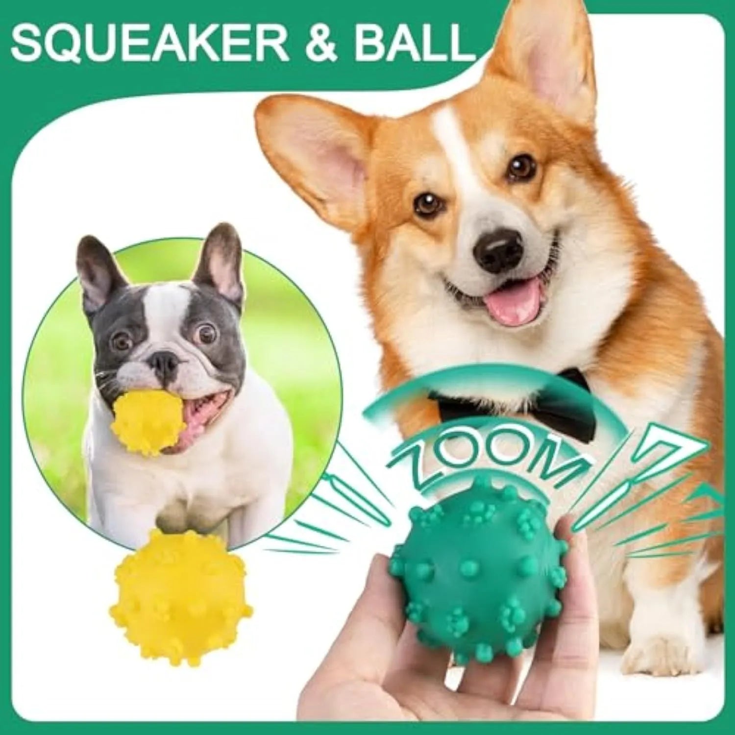 Set of four brightly coloured spiked dog balls with paw print dimples, each 5 cm in diameter