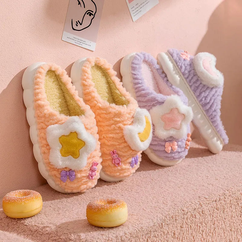 Women's light blue cartoon animal pattern fleece-lined slippers with round toe and PVC sole