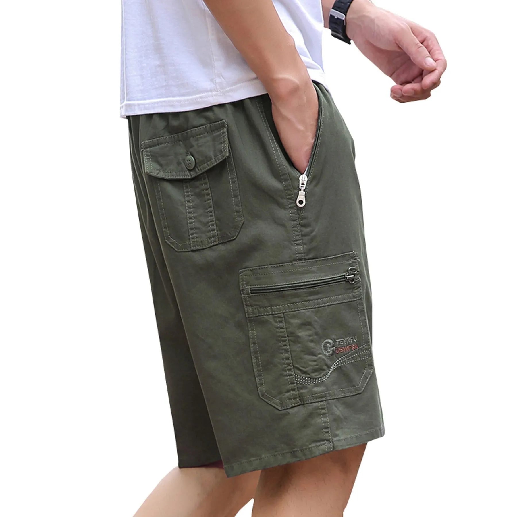 Men's straight-leg cotton trousers in army green colour showing loose fit and summer design
