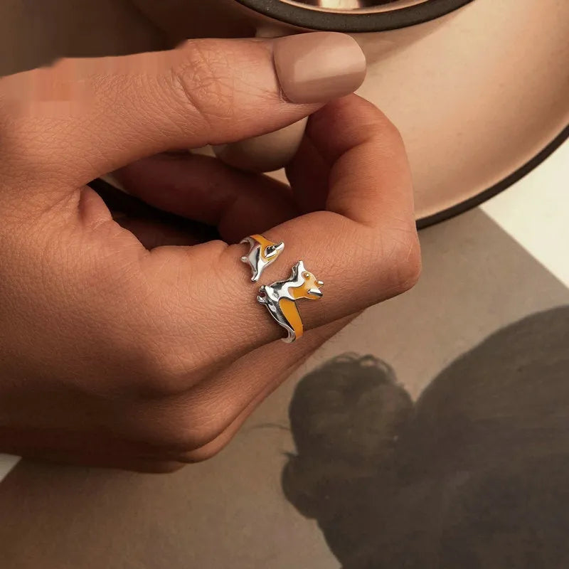 Silver corgi pet ring with cartoon design and adjustable band in SCR1014-E colour.