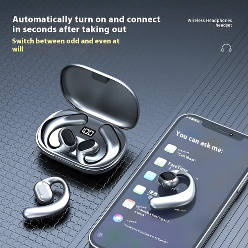 Black ear-mounted Bluetooth headset with digital display screen showing battery level