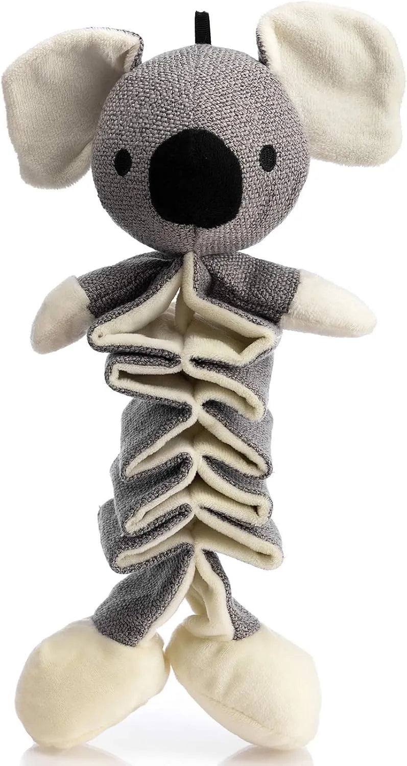 Grey koala squeaky dog toy measuring 30cm length with crinkle paper inside and durable cloth construction