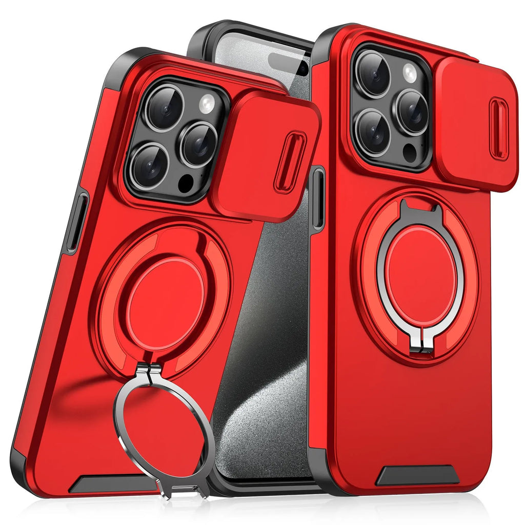 Black PC phone case with sliding window bracket for Apple iPhone 15 Pro Max, drop-resistant design
