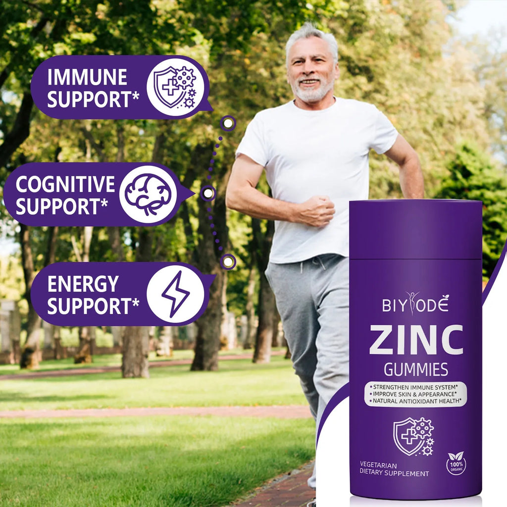 Bottle of Biyode zinc vitamin gummies with 60 gummies, immune support supplement for adults