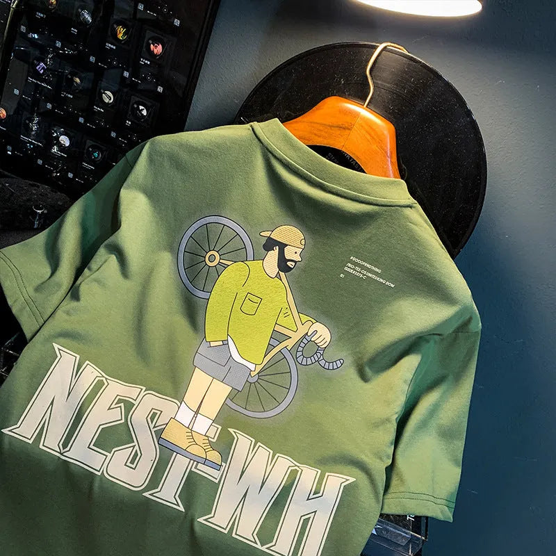 Green men's loose fit t-shirt with a literary youth print on the front, short sleeves.