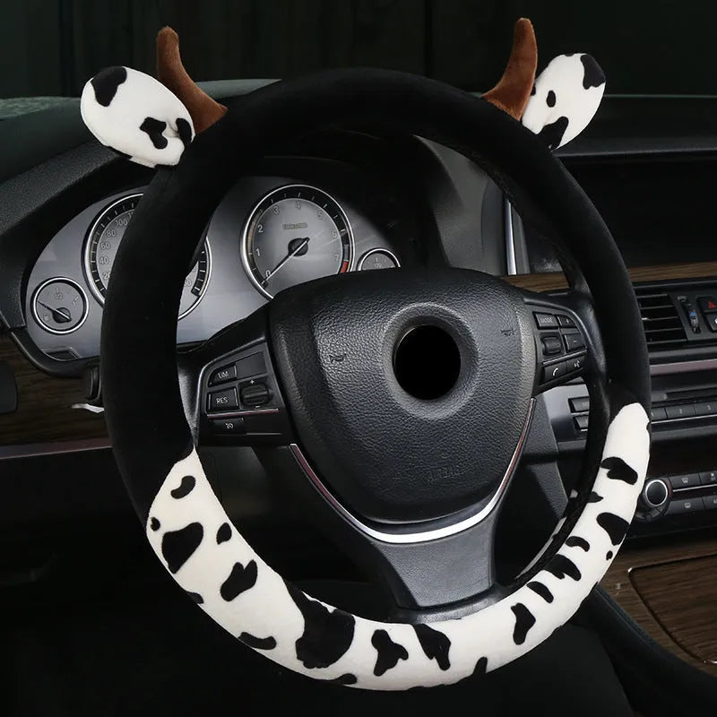 Plush car steering wheel cover with protective handle in black or coffee brown colours