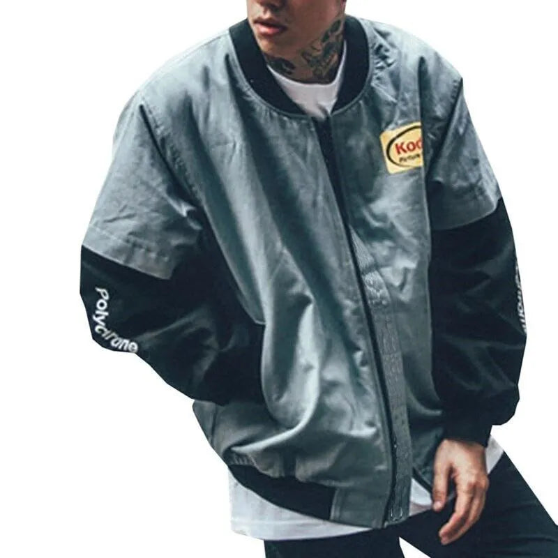 Hip hop style cotton print baseball jacket for men and women, grey colour, front view with side pockets