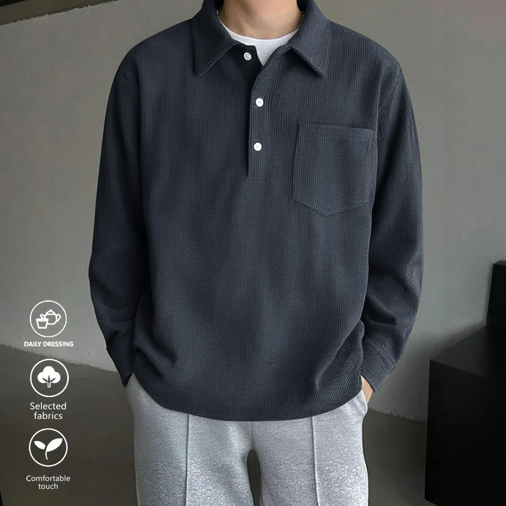 American retro casual bottoming shirt in black, loose fit polyester pullover, front view