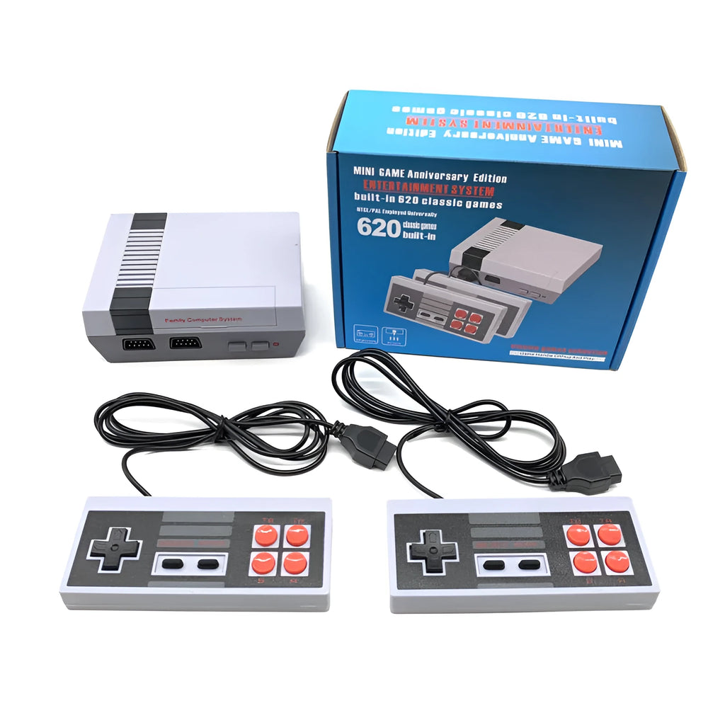 Compact black retro NES game console with two rectangular controllers on a white background.