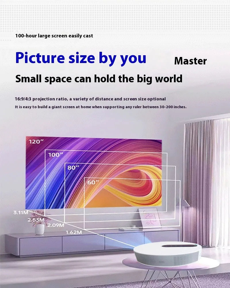 White smart HD home theatre projector with remote control on a wooden table.