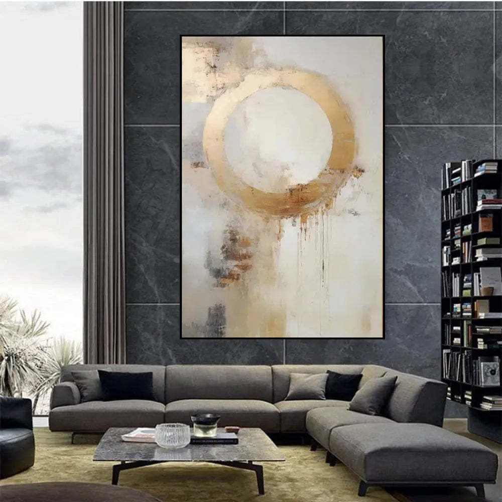 Handmade oil painting modern abstract golden circle on canvas for home decor, frameless unstretched, vertical orientation