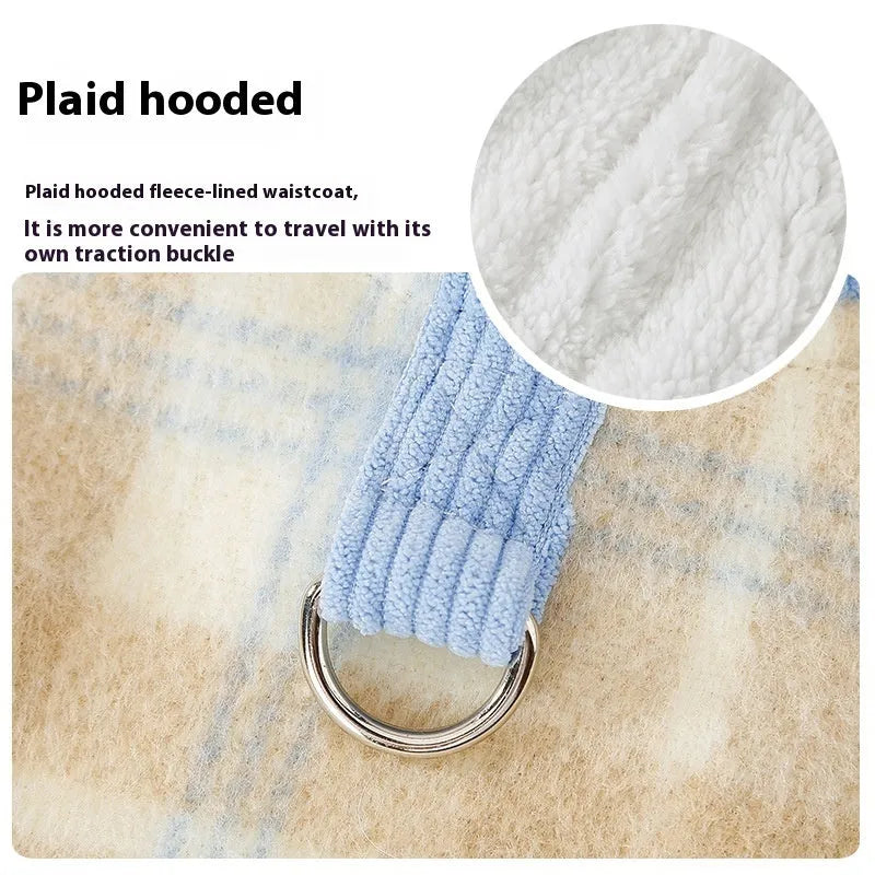 Blue hooded dog vest with chessboard grid pattern in corduroy fabric for autumn winter wear